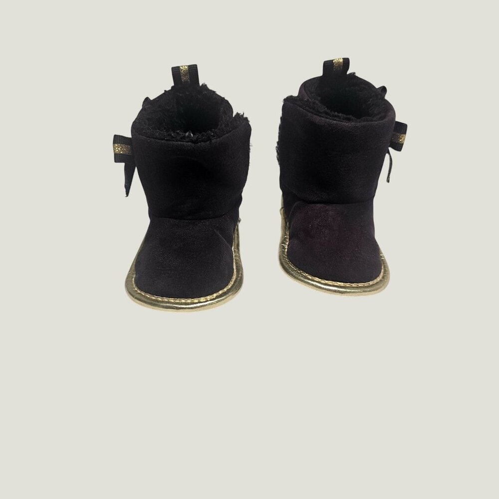Bebe Black & Gold Bow Infant Boots Soft Sole Crib Shoes Baby Size 3